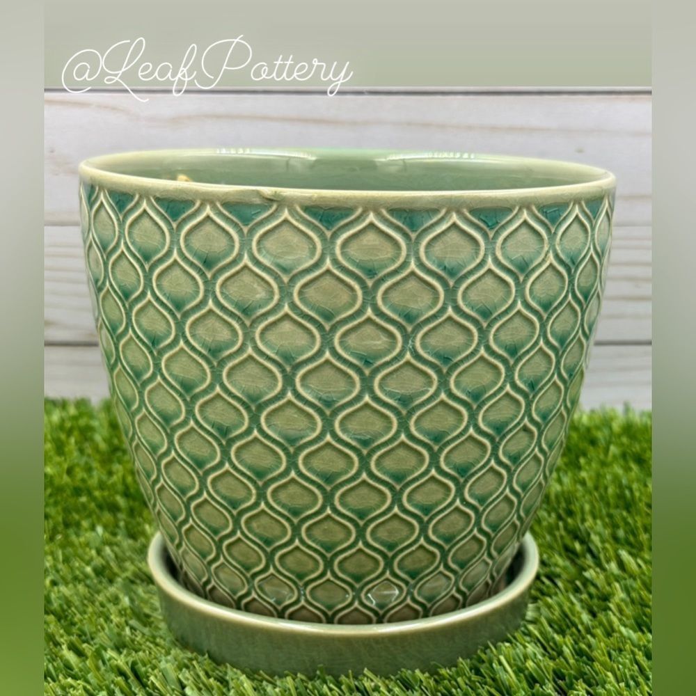 Coral Aqua/Green Ceramic Planter Pot with Saucer Attached - Picture 4 of 8